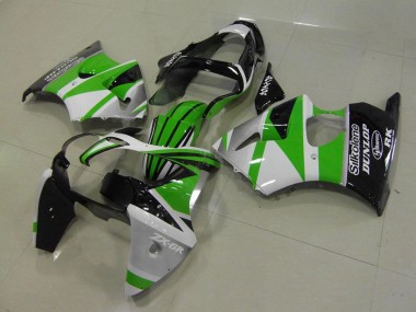 2000-2002 Kawasaki ZX6R Motorcycle Fairings - White Green Glossy Black Stripe Silkolene Dunlop UK
