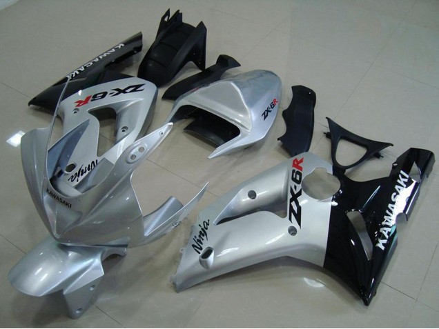 2003-2004 Kawasaki ZX6R Motorcycle Fairings - Silver Glossy Black UK