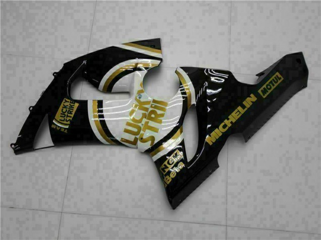 2005-2006 Kawasaki ZX6R Motorcycle Fairings - Glossy Black White Gold Lucky Strike UK