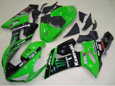 2005-2006 Kawasaki ZX6R Motorcycle Fairings - Green Glossy Black Elf Monster UK