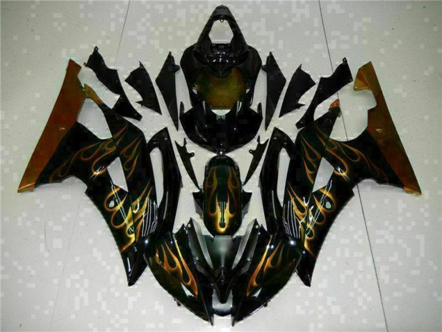 2008-2016 Yamaha YZF R6 Motorcycle Fairings - Glossy Black Gold Flame UK