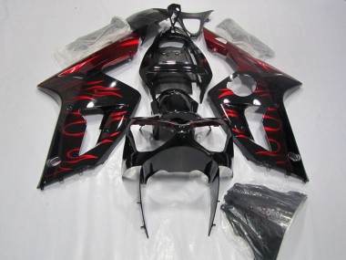 2003-2004 Kawasaki ZX6R Motorcycle Fairing - Glossy Black Red Flame UK