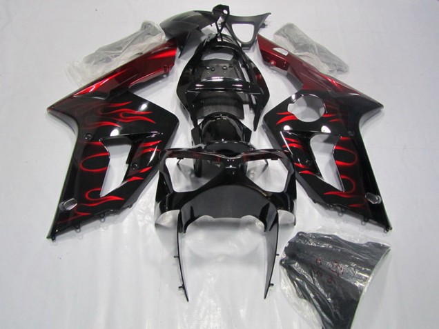 2003-2004 Kawasaki ZX6R Motorcycle Fairing - Glossy Black Red Flame UK