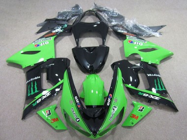 2005-2006 Kawasaki ZX6R Motorcycle Fairings - Glossy Black Green Elf Touch4 Bridgestone Monster UK
