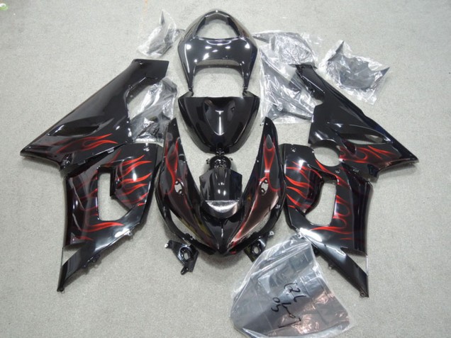 2005-2006 Kawasaki ZX6R Motorcycle Fairings - Glossy Black Red Flame UK