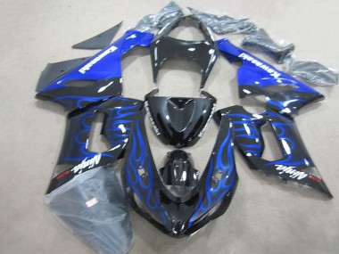 2005-2006 Kawasaki ZX6R Motorcycle Fairings - Glossy Black Blue Flame UK