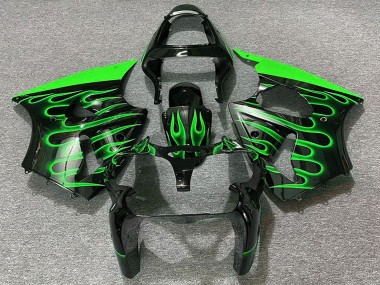 2000-2002 Kawasaki ZX6R Motorcycle Fairings - Glossy Black Green Flame UK