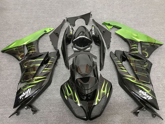 2009-2012 Kawasaki ZX6R Motorcycle Fairings - Glossy Black Green Flame UK