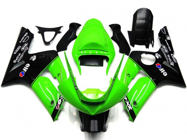 2003-2004 Kawasaki ZX6R Motorcycle Fairings - Green Glossy Black Elf Silkolene UK