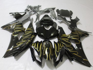 2008-2016 Yamaha R6 Motorcycle Fairings - Glossy Black Gold Flame UK