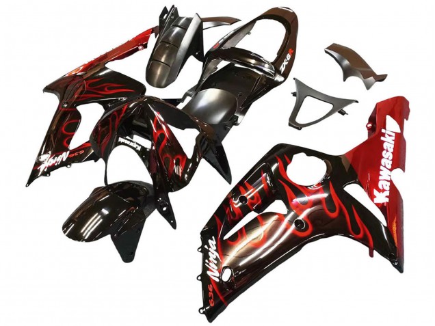 2003-2004 Kawasaki ZX6R Motorcycle Fairings - Glossy Black Red Flame UK