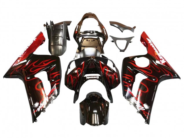 2003-2004 Kawasaki ZX6R Motorcycle Fairings - Glossy Black Red Flame UK