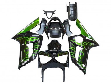 2003-2004 Kawasaki ZX6R Motorcycle Fairings - Glossy Black Green Flame UK