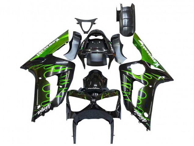 2003-2004 Kawasaki ZX6R Motorcycle Fairings - Glossy Black Green Flame UK