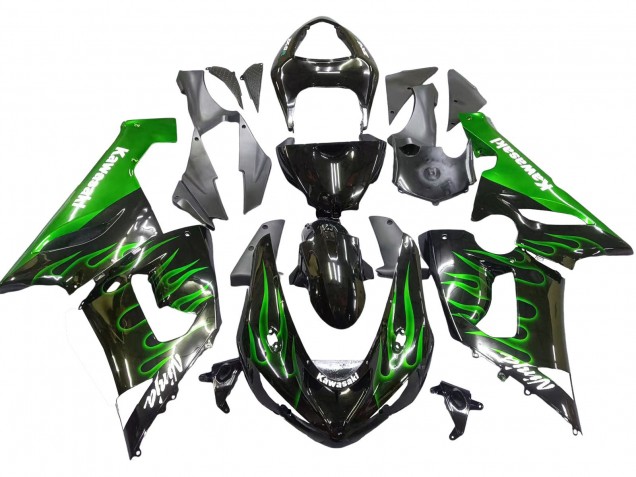 2005-2006 Kawasaki ZX6R Motorcycle Fairing - Glossy Black Green Flame UK