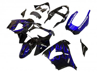 2000-2001 Kawasaki ZX9R Motorcycle Fairings - Glossy Black Blue Flame White UK