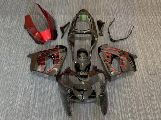 2002-2003 Kawasaki ZX9R Motorcycle Fairings - Glossy Black Red Flame UK