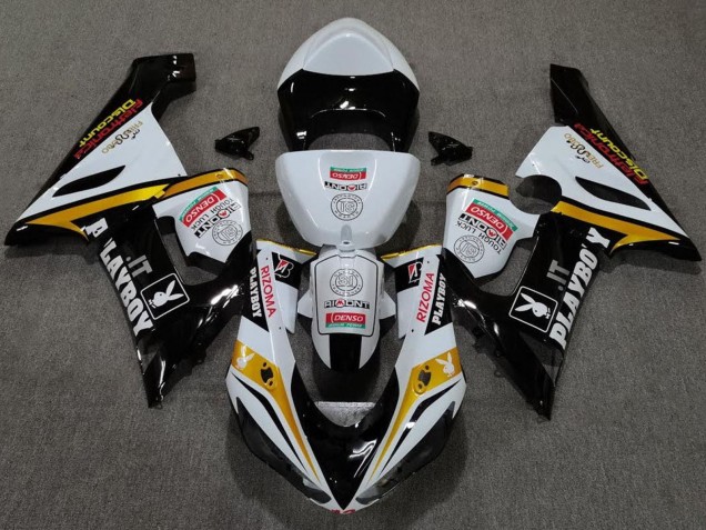 2005-2006 Kawasaki ZX6R Motorcycle Fairings - White Black Gold Red Rizoma Playboy UK