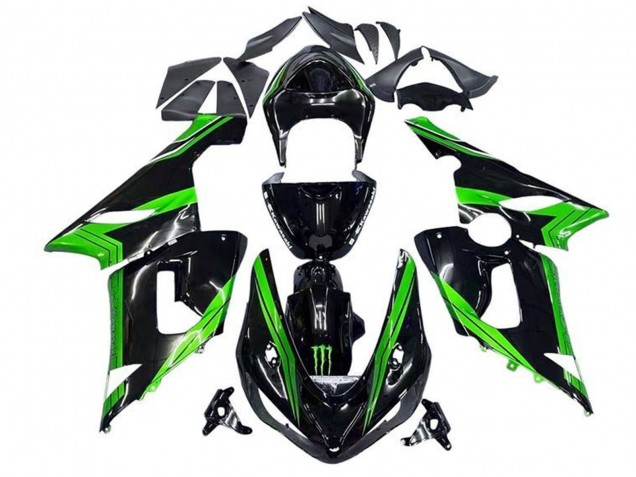 2005-2006 Kawasaki ZX6R Motorcycle Fairings - Green Glossy Black Monster Stripe UK