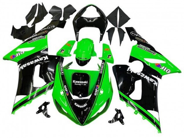 2005-2006 Kawasaki ZX6R Motorcycle Fairings - Glossy Black Green White Elf Touch4 Bridgestone UK