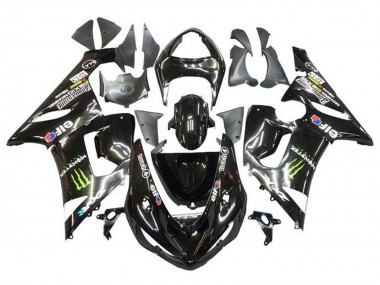 2005-2006 Kawasaki ZX6R Motorcycle Fairings - Glossy Black Yellow Monster UK
