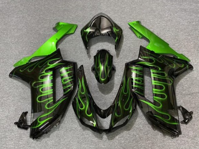 2007-2008 Kawasaki ZX6R Motorcycle Fairings - Black Green Flame UK